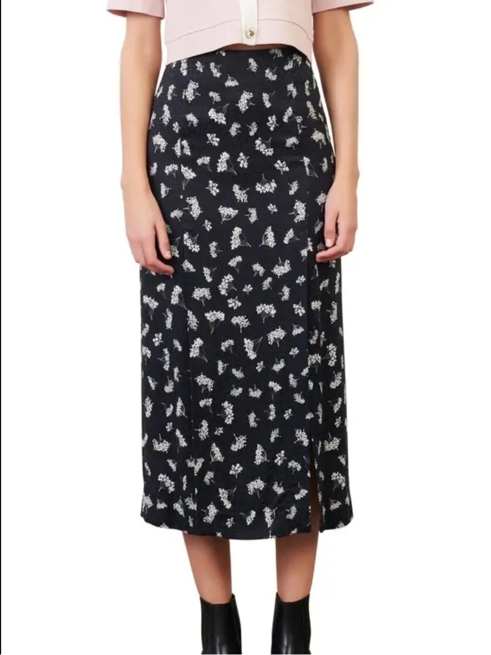 Maje Floral Side Slit Midi Skirt Size 40